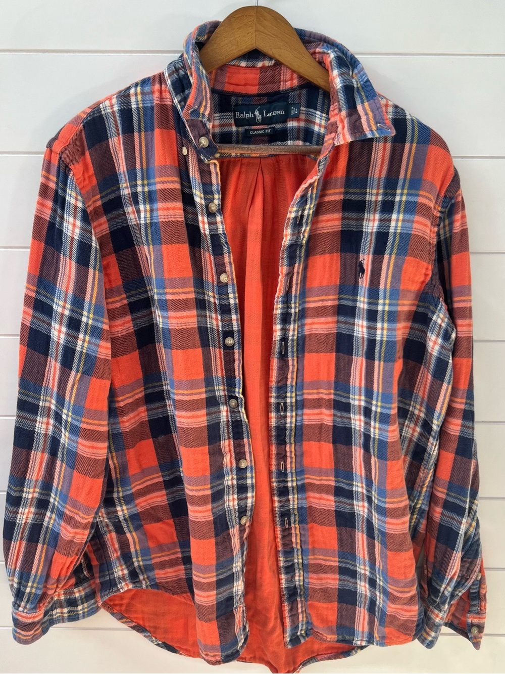 Ralph Lauren Men’s Orange & Navy Plaid Button-Up Shirt L